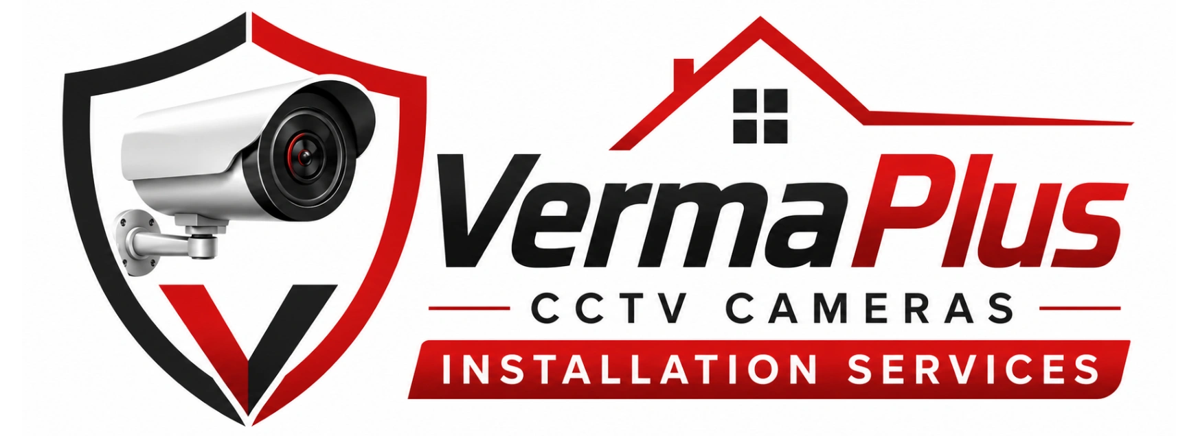 VermaPlus CCTV Cameras Installation Services premium red and black CCTV security company logo with shield and surveillance camera